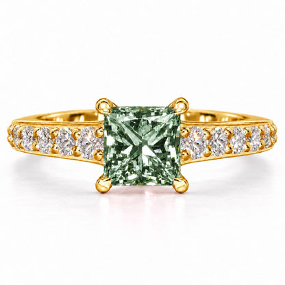 Green Princess Cut Lab Grown Diamond Engagement Ring - Pave Band in yellow gold, front view
