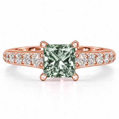 Green Princess Cut Lab Grown Diamond Engagement Ring - Pave Band in rose gold, front view