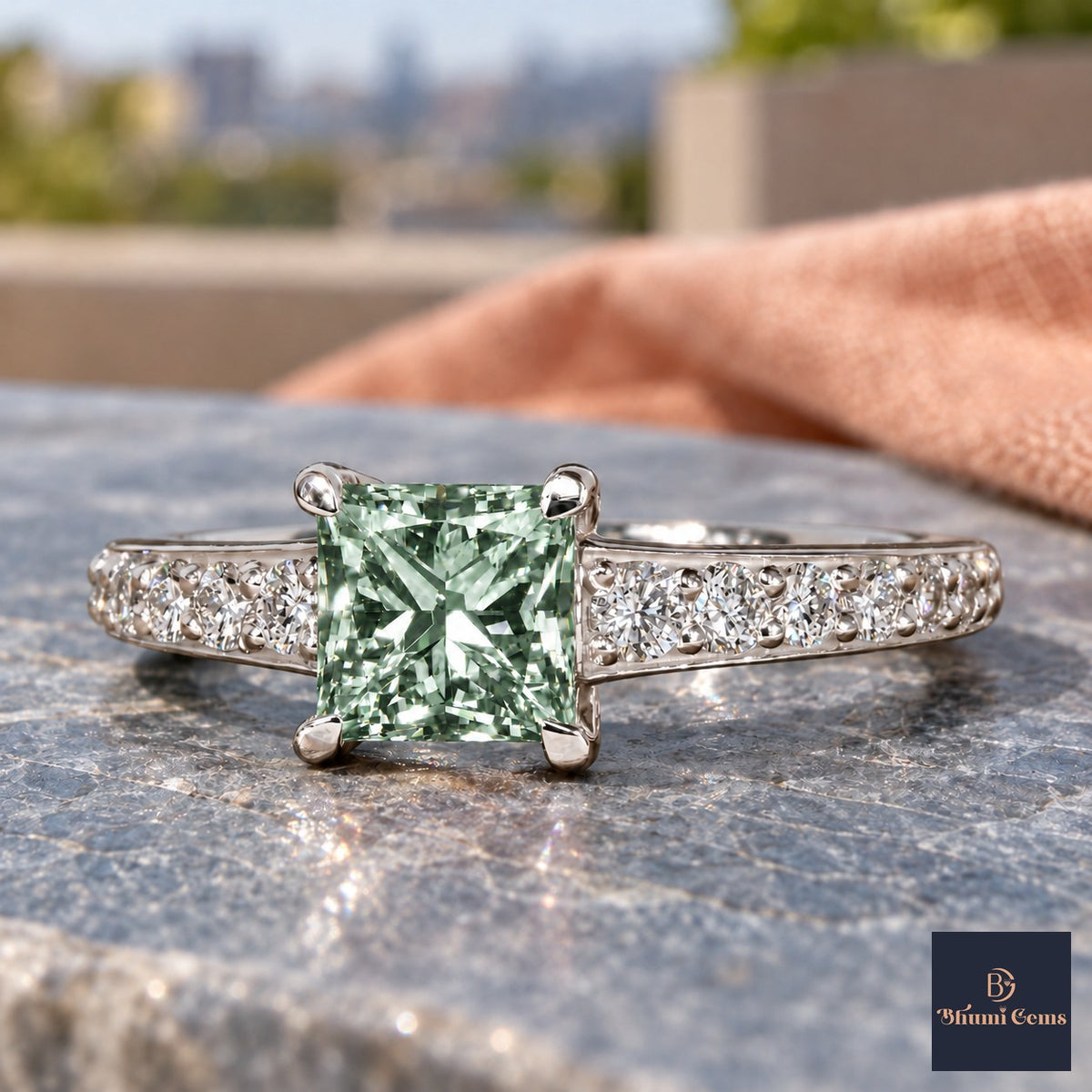 Green Princess Cut Lab Grown Diamond Engagement Ring - Pave Band in white gold, close-up