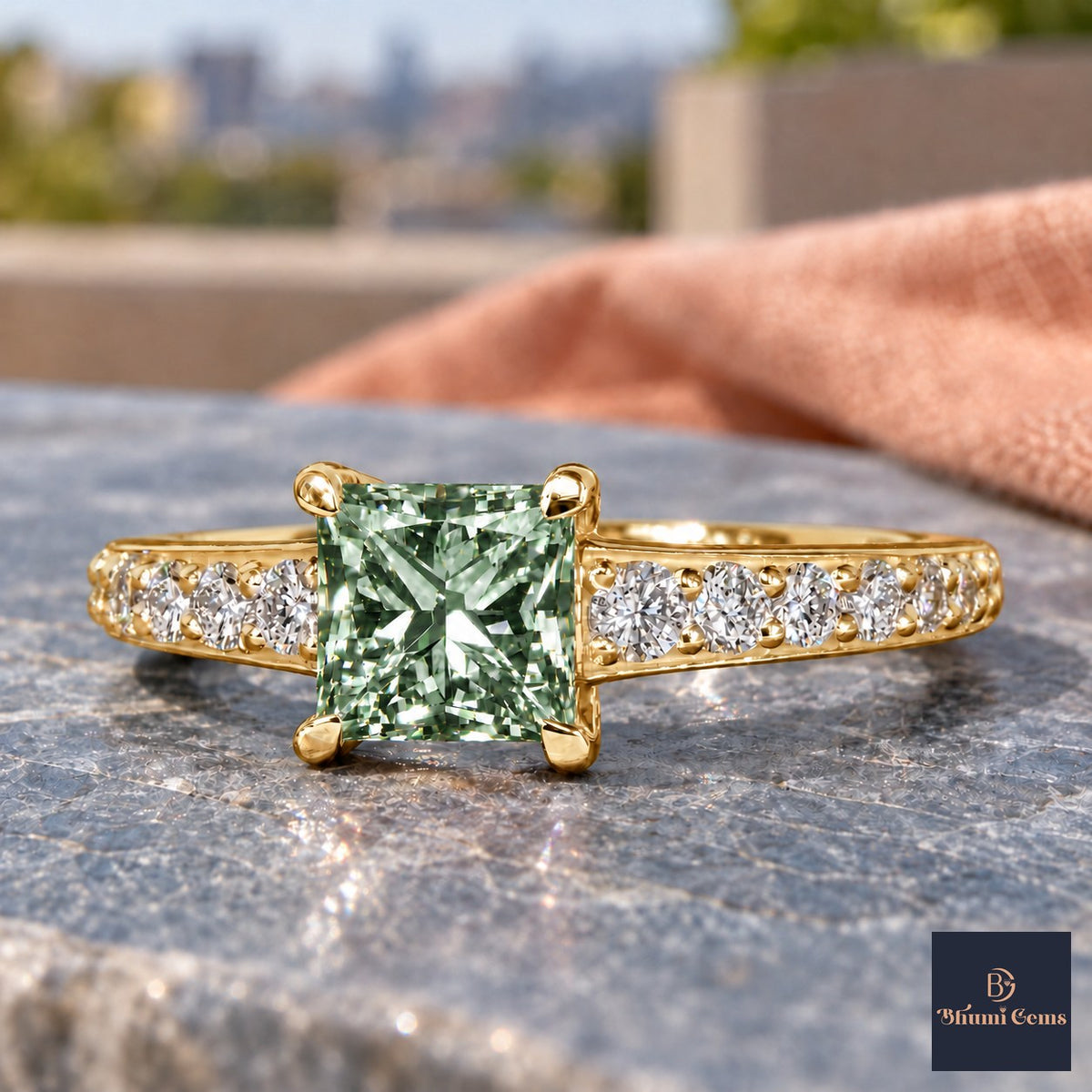 Green Princess Cut Lab Grown Diamond Engagement Ring - Pave Band in yellow gold, close-up