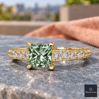 Green Princess Cut Lab Grown Diamond Engagement Ring - Pave Band in yellow gold, close-up