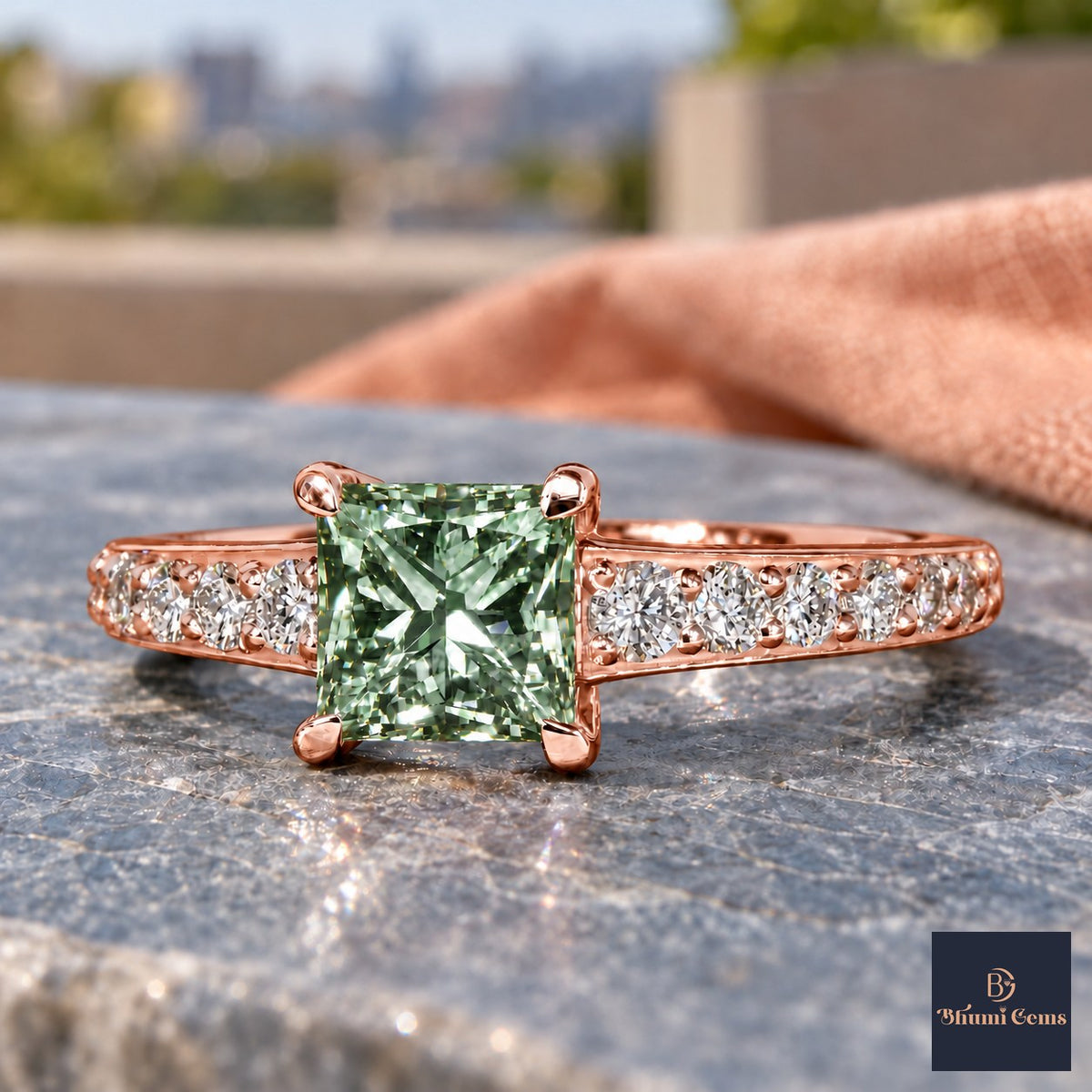 Green Princess Cut Lab Grown Diamond Engagement Ring - Pave Band in rose gold, close-up