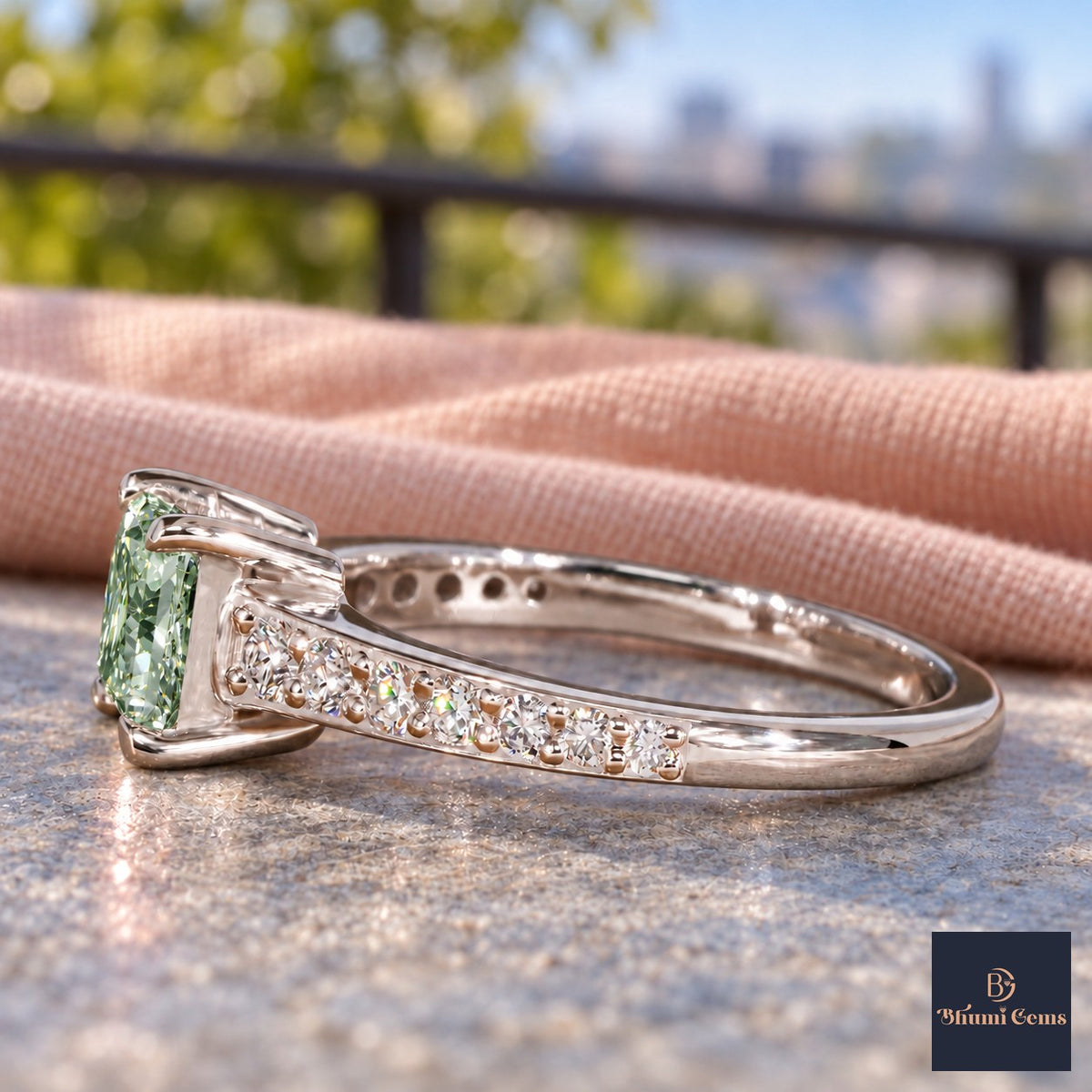 Green Princess Cut Lab Grown Diamond Engagement Ring - Pave Band in white gold, side view