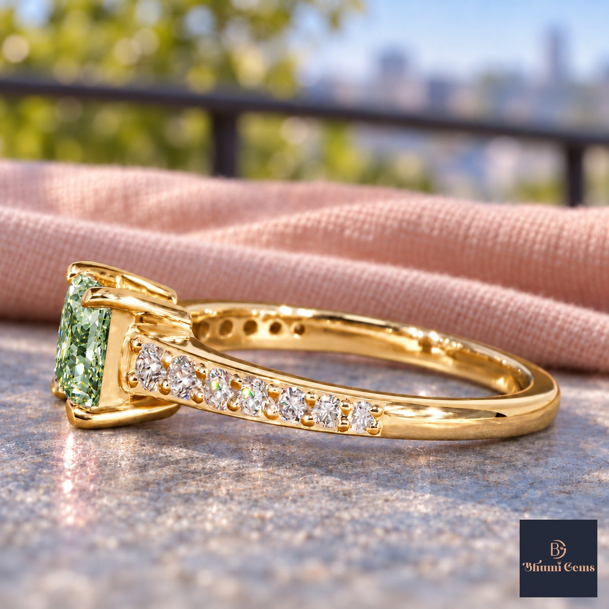 Green Princess Cut Lab Grown Diamond Engagement Ring - Pave Band in yellow gold, side view