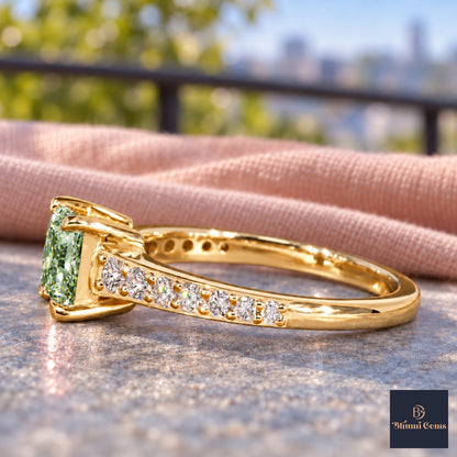 Green Princess Cut Lab Grown Diamond Engagement Ring - Pave Band in yellow gold, side view