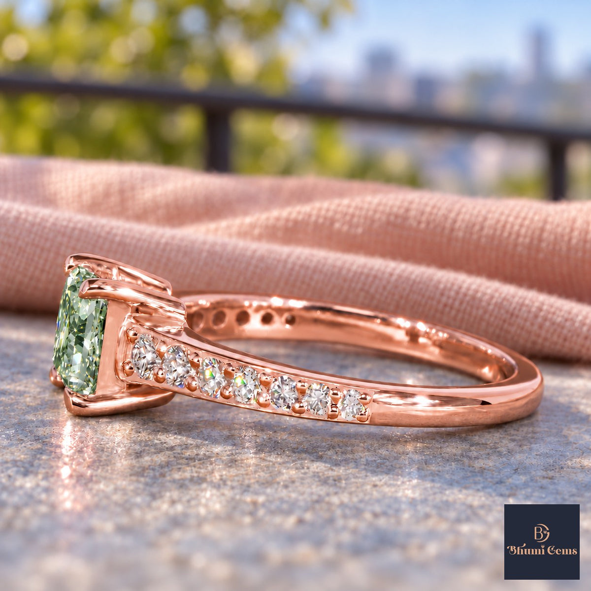 Green Princess Cut Lab Grown Diamond Engagement Ring - Pave Band in rose gold, side view