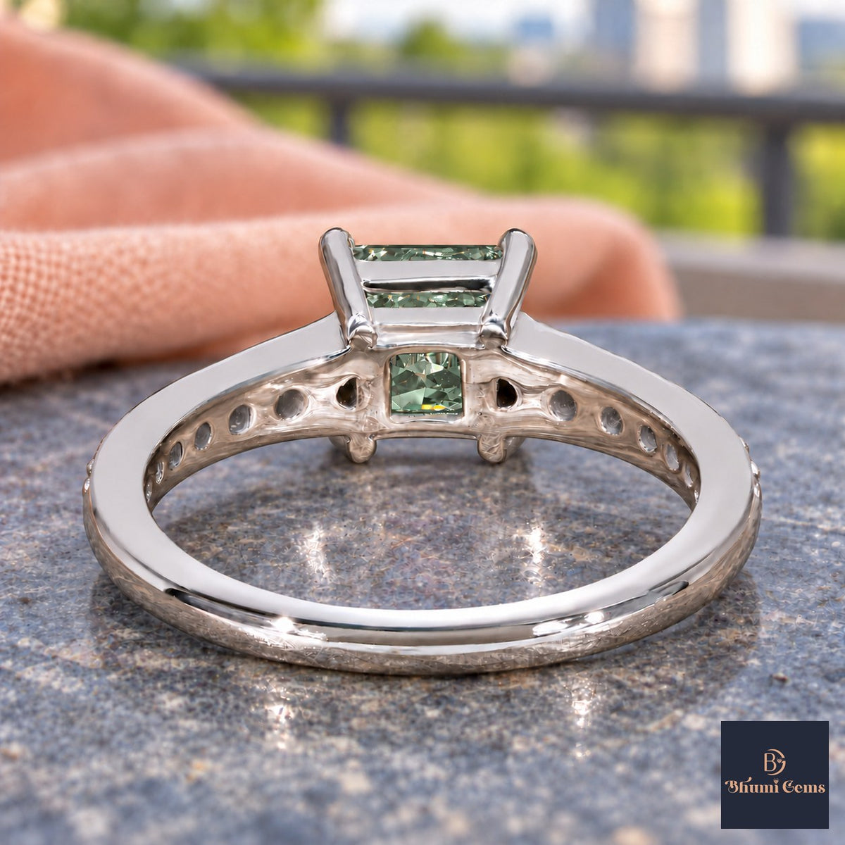 Green Princess Cut Lab Grown Diamond Engagement Ring - Pave Band in white gold, gallery view