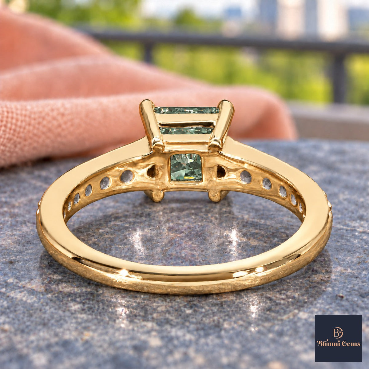 Green Princess Cut Lab Grown Diamond Engagement Ring - Pave Band in yellow gold, gallery view