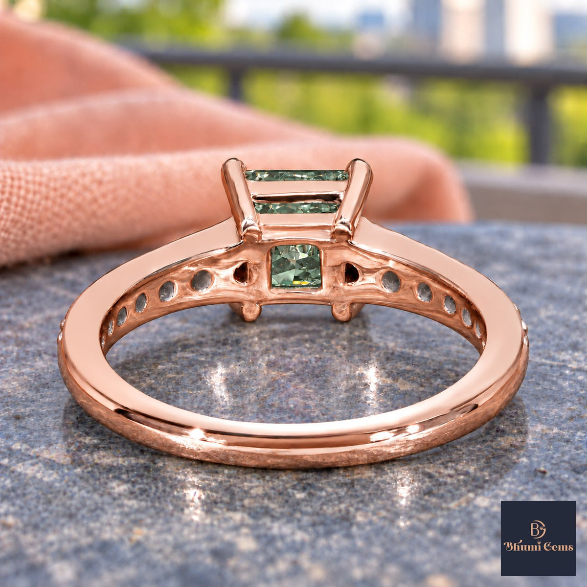 Green Princess Cut Lab Grown Diamond Engagement Ring - Pave Band in rose gold, gallery view
