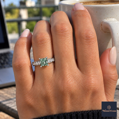 Green Princess Cut Lab Grown Diamond Engagement Ring - Pave Band in white gold, on the hand