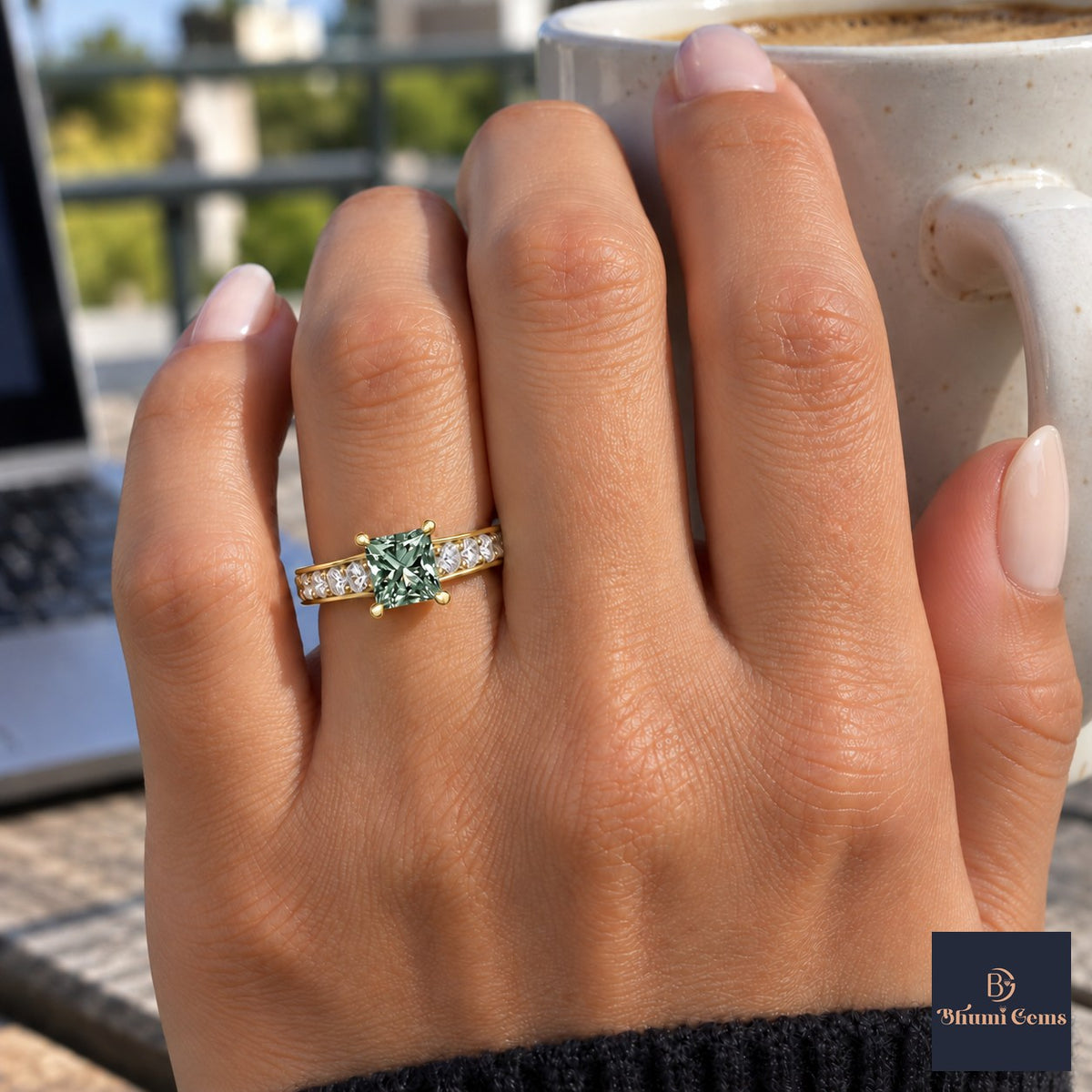 Green Princess Cut Lab Grown Diamond Engagement Ring - Pave Band in yellow gold, on the hand