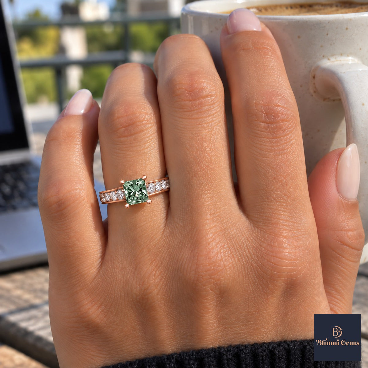 Green Princess Cut Lab Grown Diamond Engagement Ring - Pave Band in rose gold, on the hand