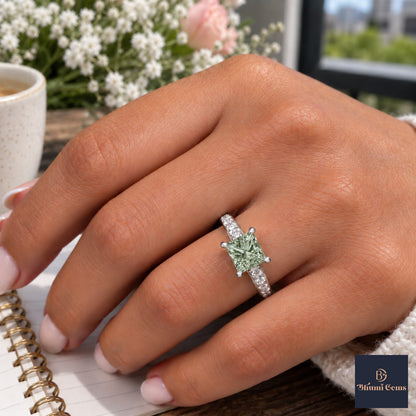 Green Princess Cut Lab Grown Diamond Engagement Ring - Pave Band in white gold, worn on the hand