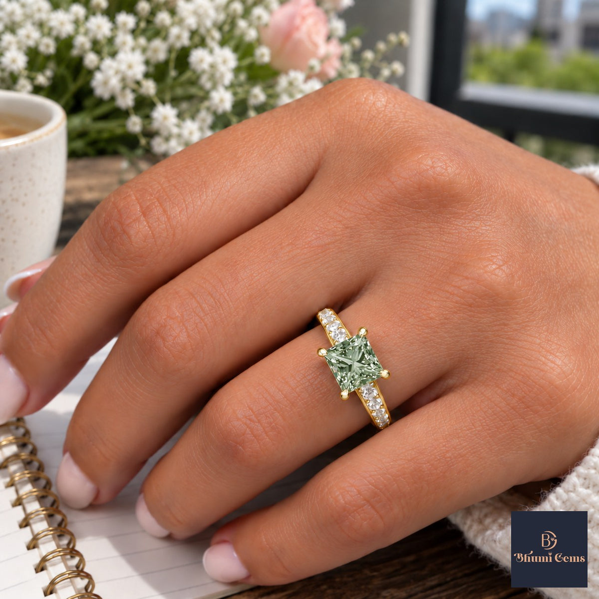 Green Princess Cut Lab Grown Diamond Engagement Ring - Pave Band in yellow gold, worn on the hand