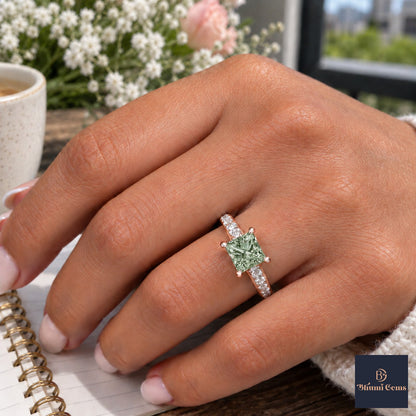 Green Princess Cut Lab Grown Diamond Engagement Ring - Pave Band in rose gold, worn on the hand