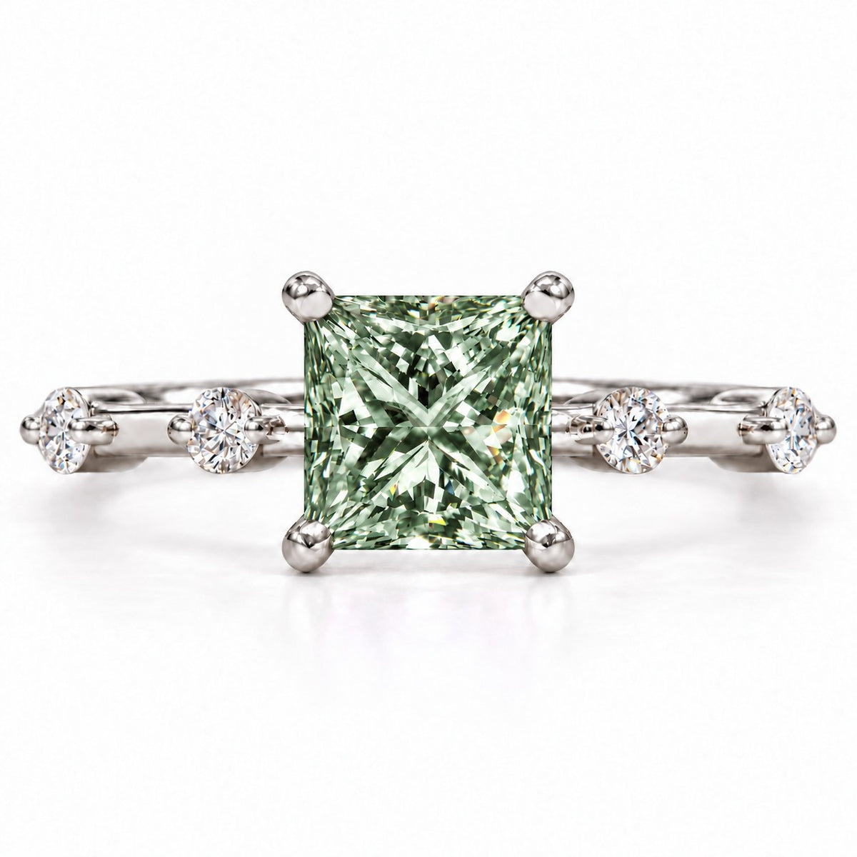 Green Princess Cut Lab Grown Diamond Engagement Ring - Station Band in white gold, front view