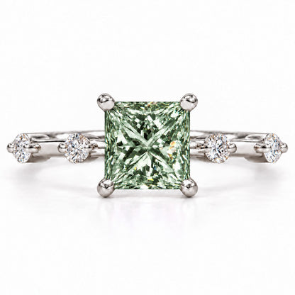 Green Princess Cut Lab Grown Diamond Engagement Ring - Station Band in white gold, front view