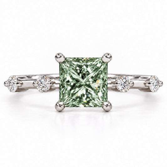Green Princess Cut Lab Grown Diamond Engagement Ring - Station Band in white gold, front view