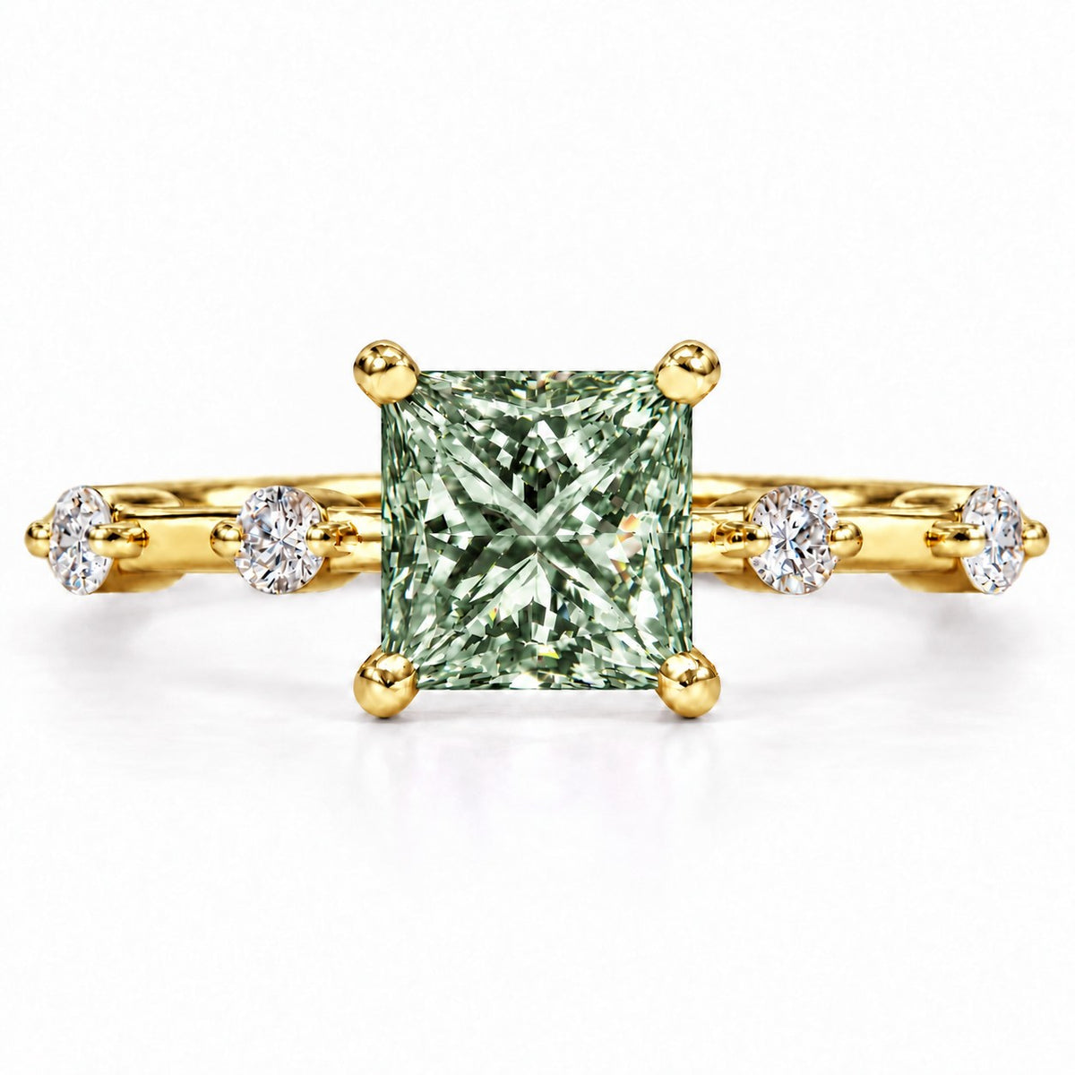 Green Princess Cut Lab Grown Diamond Engagement Ring - Station Band in yellow gold, front view