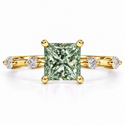 Green Princess Cut Lab Grown Diamond Engagement Ring - Station Band in yellow gold, front view