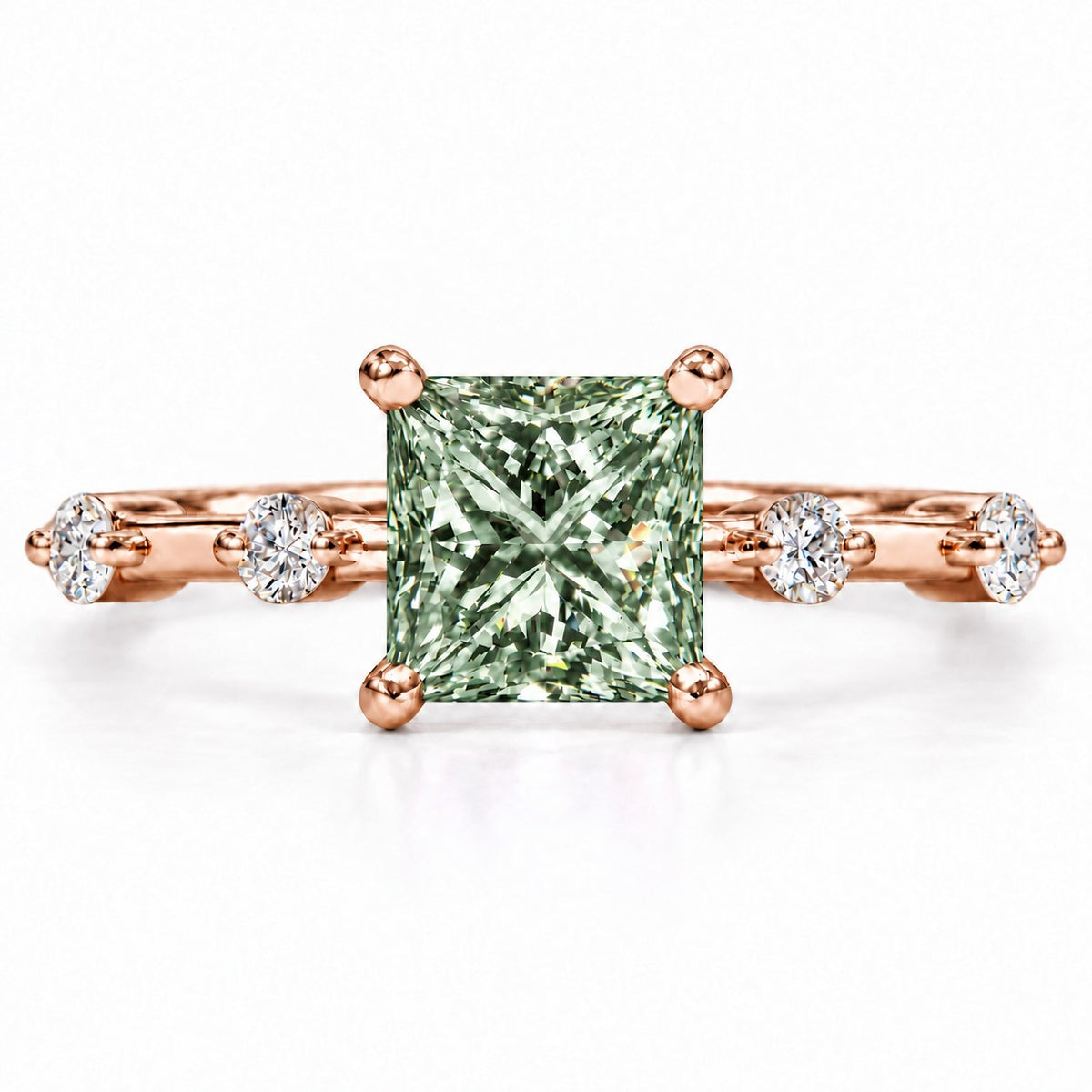 Green Princess Cut Lab Grown Diamond Engagement Ring - Station Band in rose gold, front view