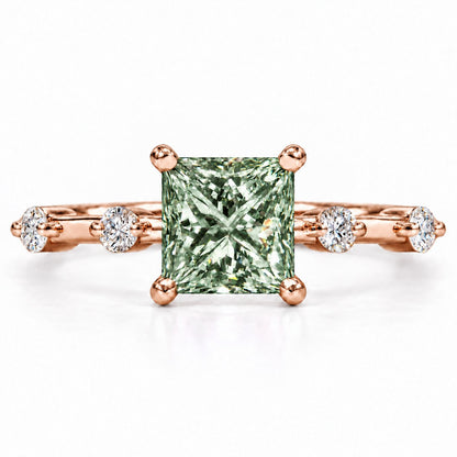 Green Princess Cut Lab Grown Diamond Engagement Ring - Station Band in rose gold, front view