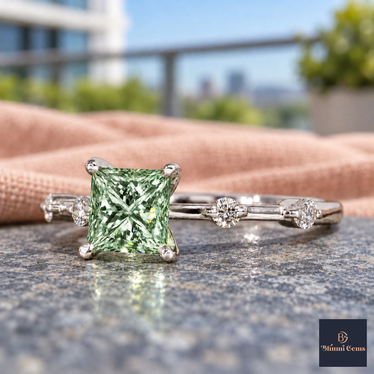 Green Princess Cut Lab Grown Diamond Engagement Ring - Station Band in white gold, close-up