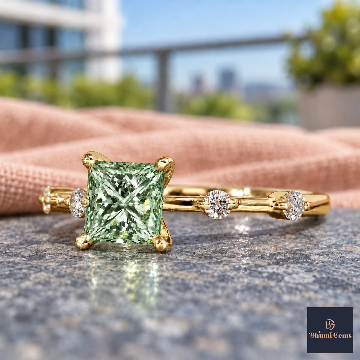 Green Princess Cut Lab Grown Diamond Engagement Ring - Station Band in yellow gold, close-up