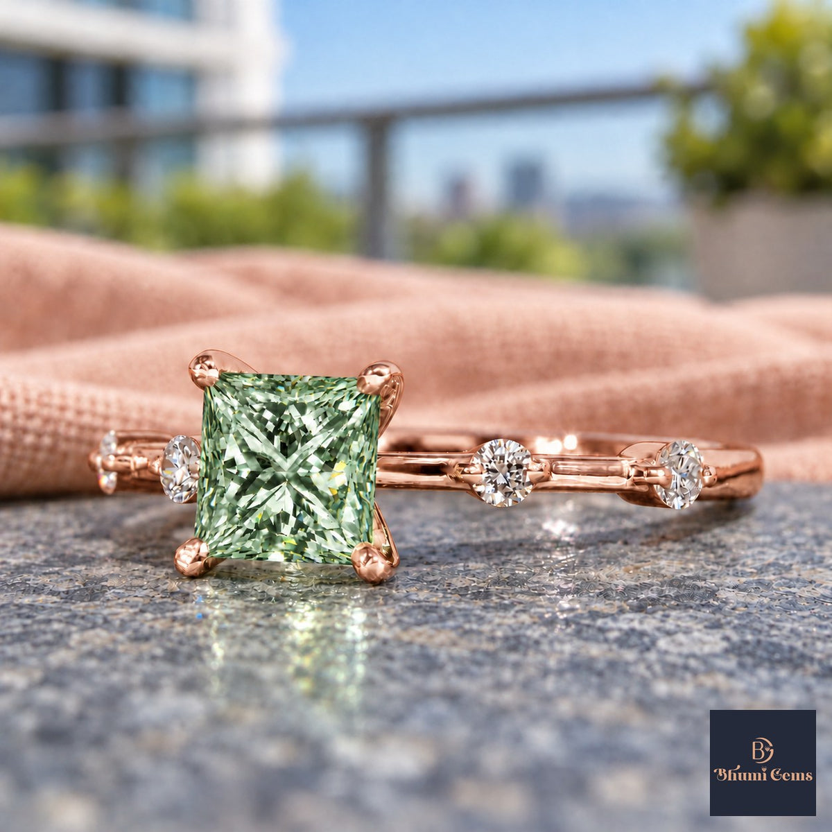 Green Princess Cut Lab Grown Diamond Engagement Ring - Station Band in rose gold, close-up