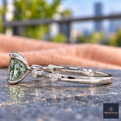 Green Princess Cut Lab Grown Diamond Engagement Ring - Station Band in white gold, side view