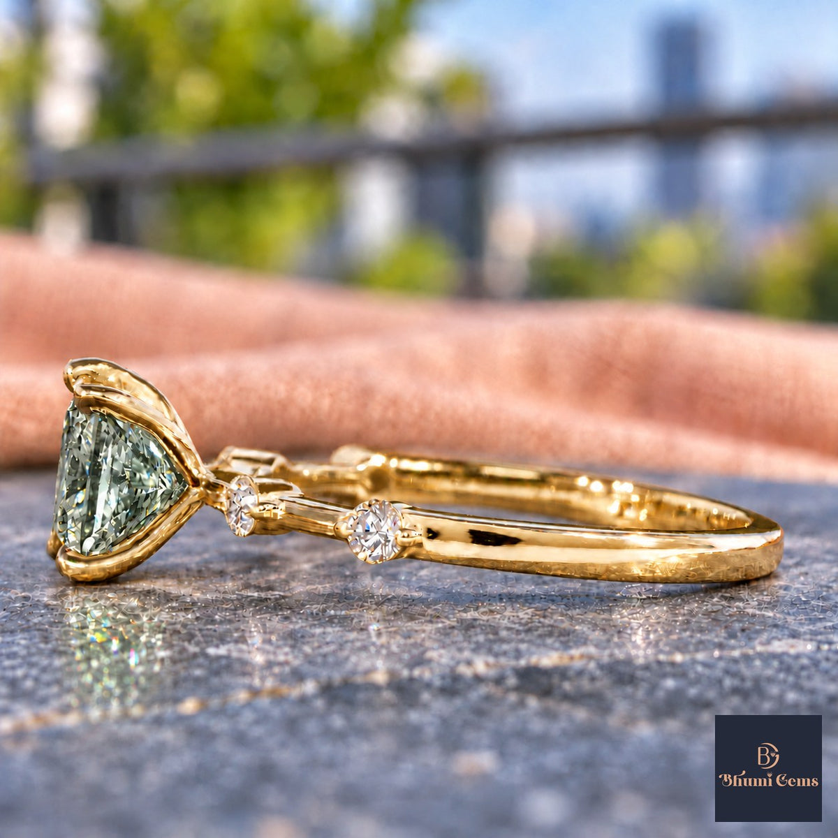 Green Princess Cut Lab Grown Diamond Engagement Ring - Station Band in yellow gold, side view