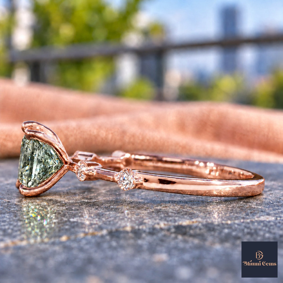 Green Princess Cut Lab Grown Diamond Engagement Ring - Station Band in rose gold, side view