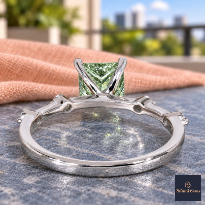 Green Princess Cut Lab Grown Diamond Engagement Ring - Station Band in white gold, gallery view
