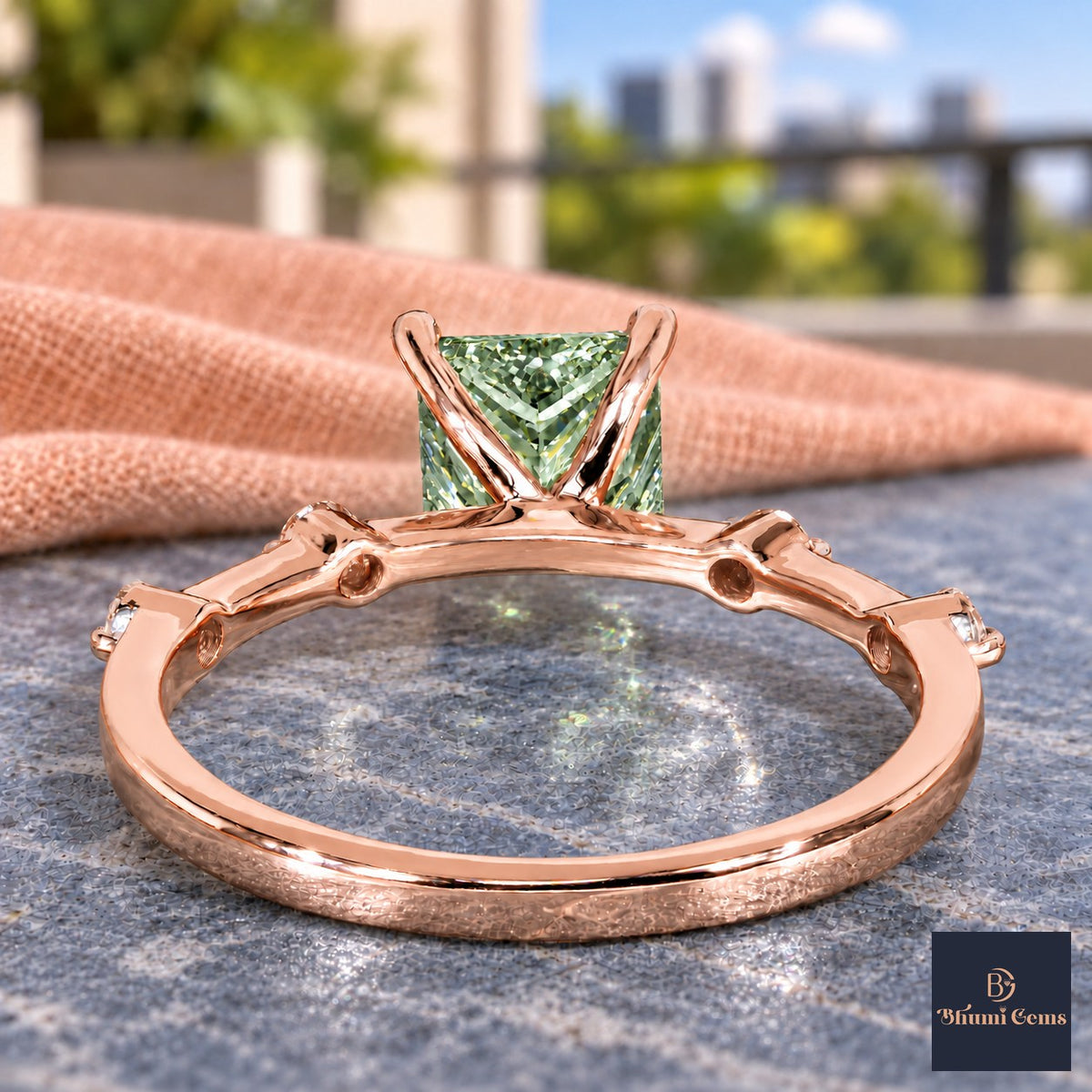 Green Princess Cut Lab Grown Diamond Engagement Ring - Station Band in rose gold, gallery view