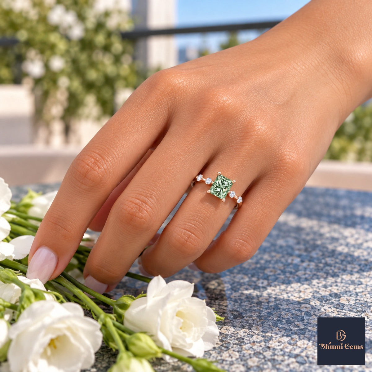 Green Princess Cut Lab Grown Diamond Engagement Ring - Station Band in rose gold, on the hand