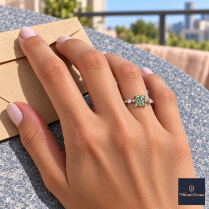 Green Princess Cut Lab Grown Diamond Engagement Ring - Station Band in white gold, worn on the hand