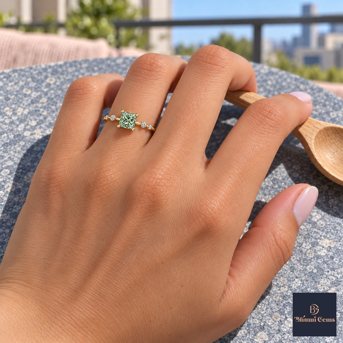 Green Princess Cut Lab Grown Diamond Engagement Ring - Station Band in yellow gold, worn on the hand