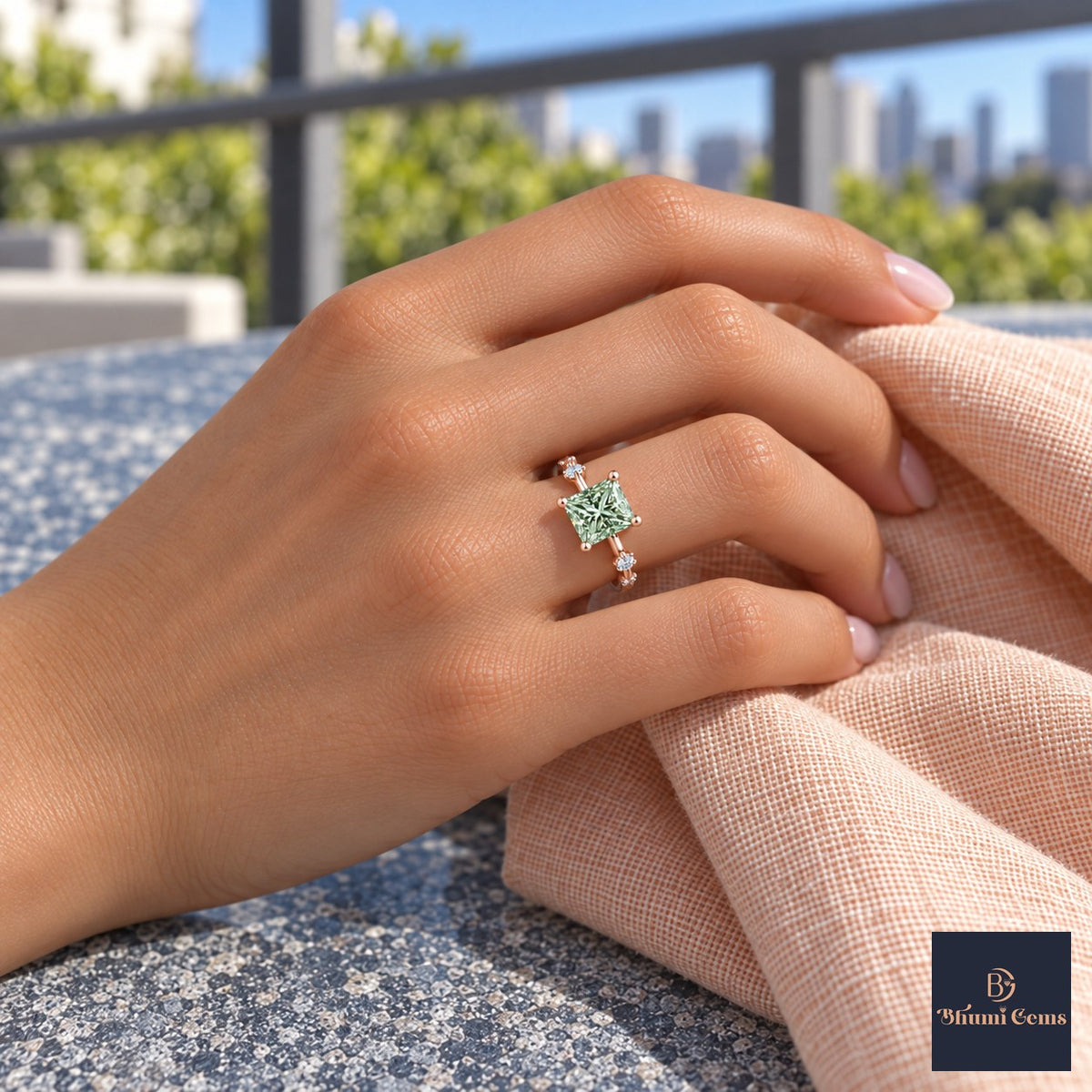 Green Princess Cut Lab Grown Diamond Engagement Ring - Station Band in rose gold, worn on the hand