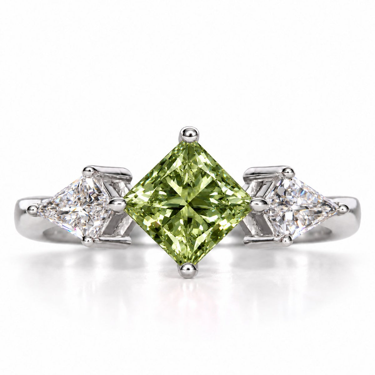 Green Princess Cut Lab Grown Diamond Engagement Ring - Trillion Three Stone in white gold, front view