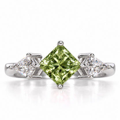 Green Princess Cut Lab Grown Diamond Engagement Ring - Trillion Three Stone in white gold, front view