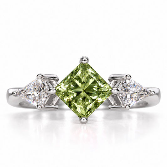 Green Princess Cut Lab Grown Diamond Engagement Ring - Trillion Three Stone in white gold, front view