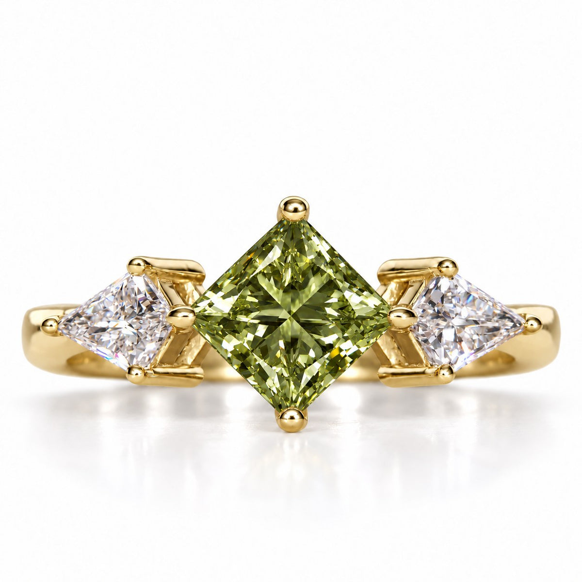 Green Princess Cut Lab Grown Diamond Engagement Ring - Trillion Three Stone in yellow gold, front view
