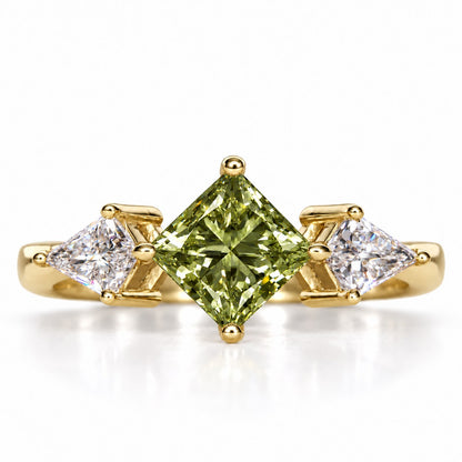 Green Princess Cut Lab Grown Diamond Engagement Ring - Trillion Three Stone in yellow gold, front view