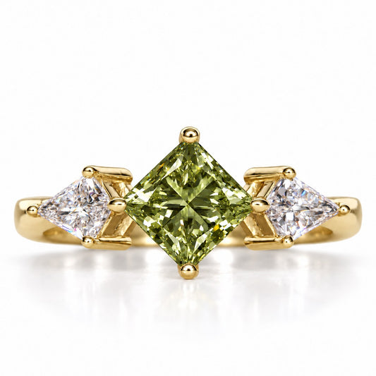 Green Princess Cut Lab Grown Diamond Engagement Ring - Trillion Three Stone in yellow gold, front view