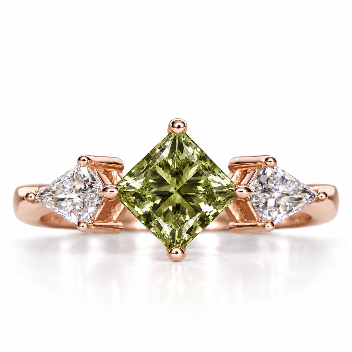 Green Princess Cut Lab Grown Diamond Engagement Ring - Trillion Three Stone in rose gold, front view