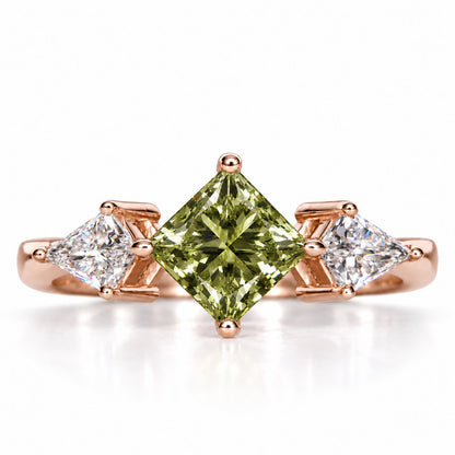 Green Princess Cut Lab Grown Diamond Engagement Ring - Trillion Three Stone in rose gold, front view