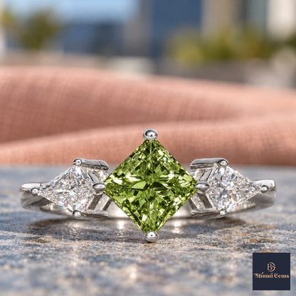 Green Princess Cut Lab Grown Diamond Engagement Ring - Trillion Three Stone in white gold, close-up