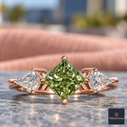 Green Princess Cut Lab Grown Diamond Engagement Ring - Trillion Three Stone in rose gold, close-up