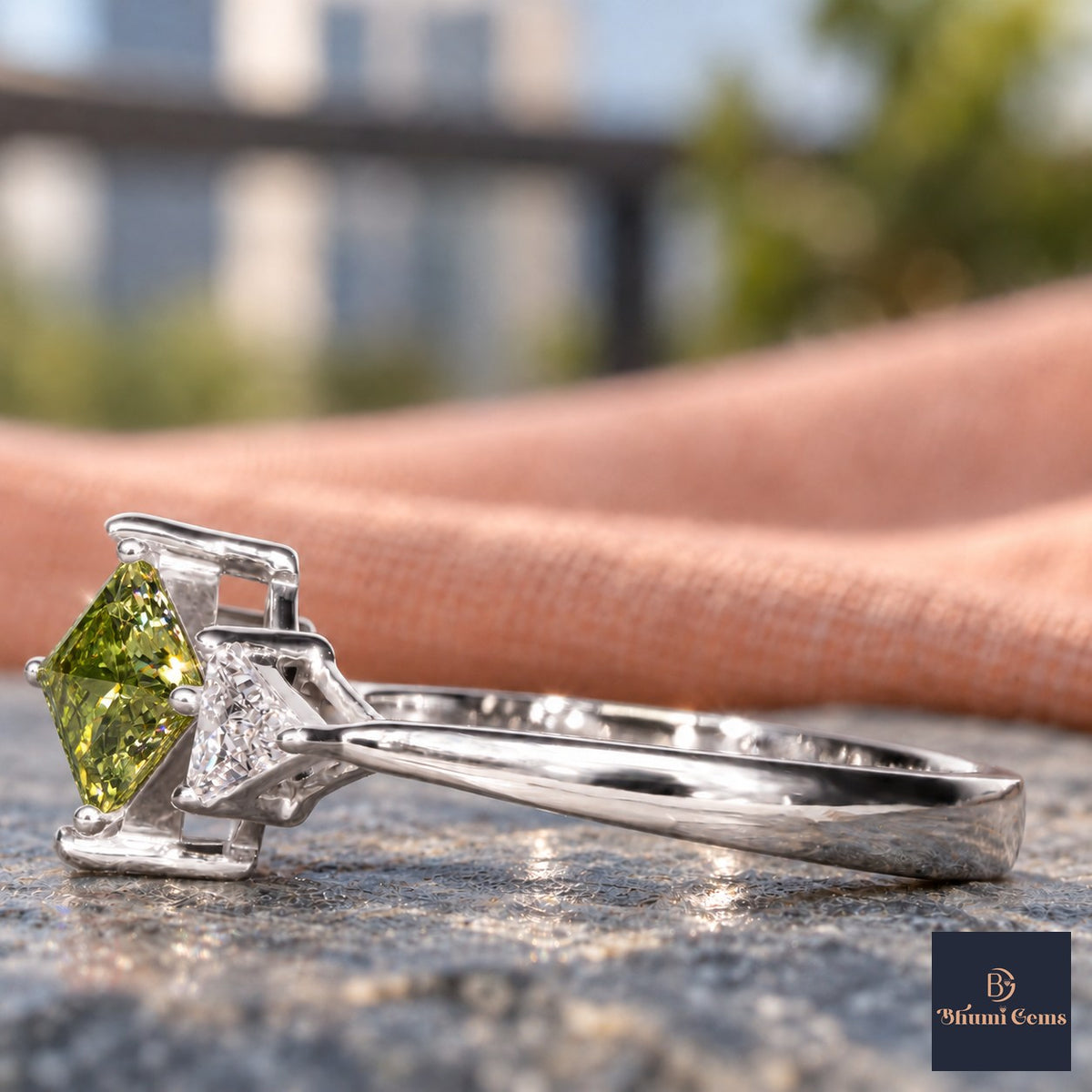 Green Princess Cut Lab Grown Diamond Engagement Ring - Trillion Three Stone in white gold, side view