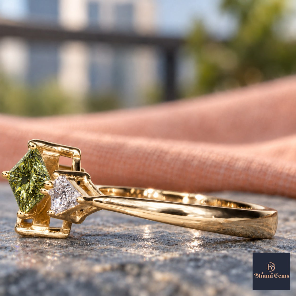 Green Princess Cut Lab Grown Diamond Engagement Ring - Trillion Three Stone in yellow gold, side view